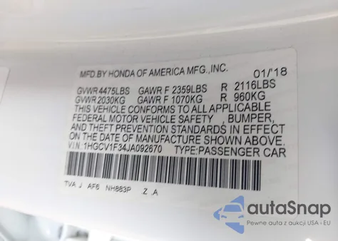 2018 Honda Accord Sport z USA, uszkodzony, nr VIN 1HGCV1F34JA092670